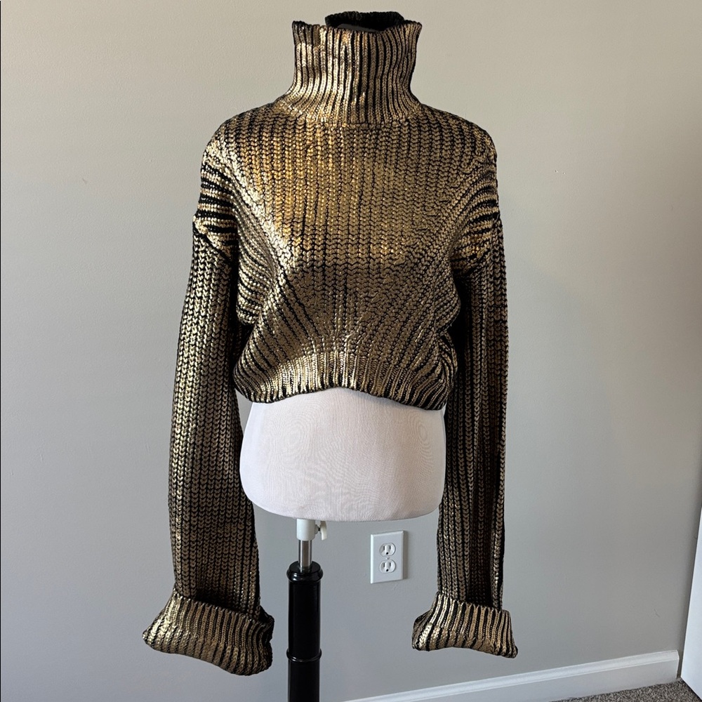 Hanifa Metallic Gold Cropped Turtleneck Sweater - Picture 3 of 8